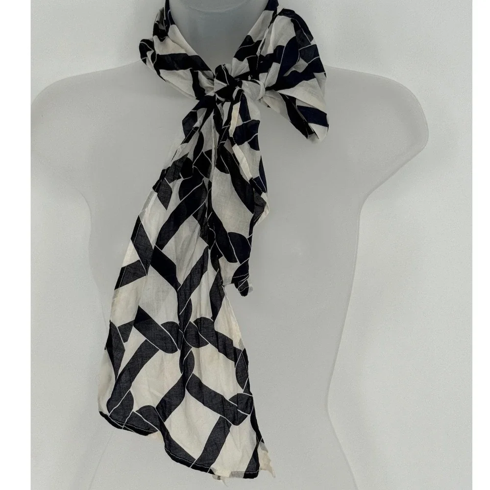 Navy Blue White Geometric Chain Link Cotton Scarf Lightweight Coastal Chic 92-20